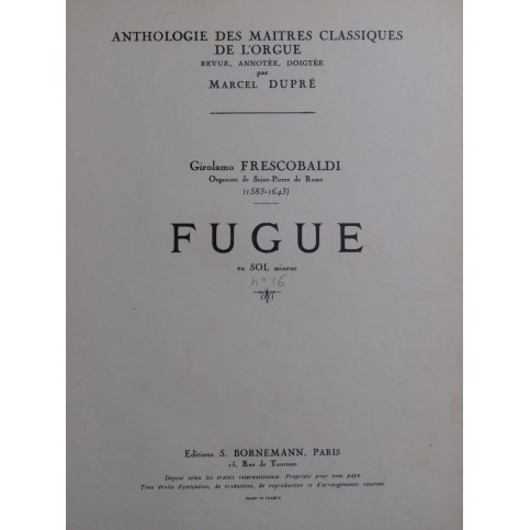 FRESCOBALDI Girolamo Fugue en Sol mineur Orgue 1942