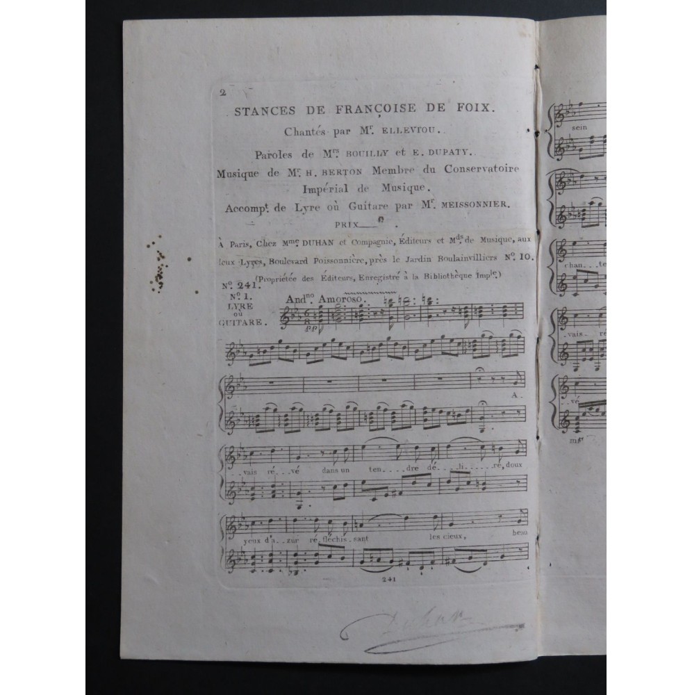BERTON H. Stances de Françoise de Foix Chant Guitare ou Lyre ca1810