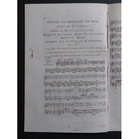 BERTON H. Stances de Françoise de Foix Chant Guitare ou Lyre ca1810