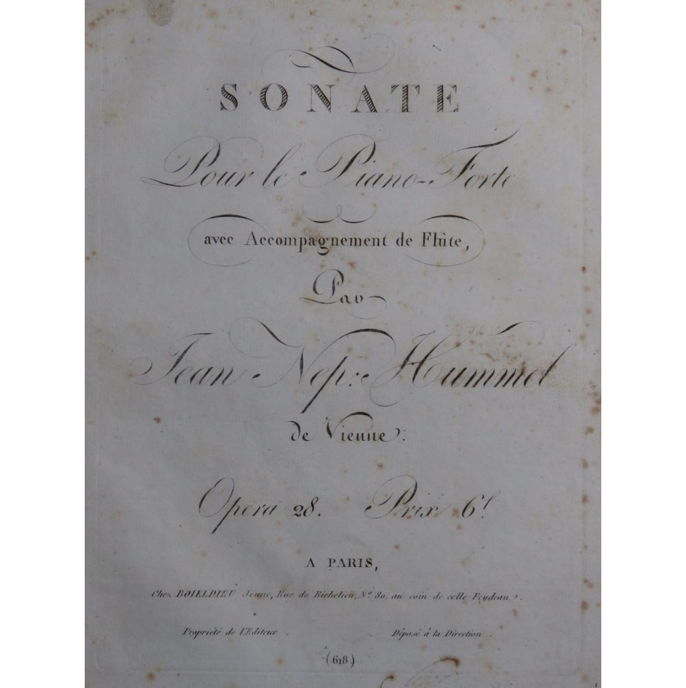HUMMEL J. N. Sonate op 28 Piano ca1820