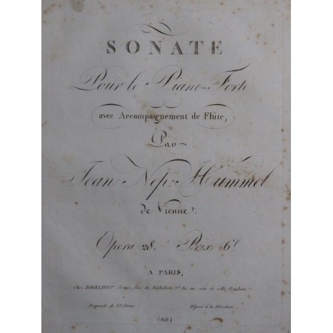 HUMMEL J. N. Sonate op 28 Piano ca1820