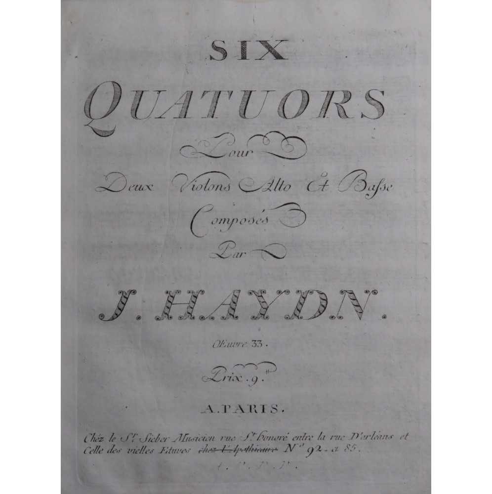 HAYDN Joseph Six Quatuors op 33 2e Violon ca1795