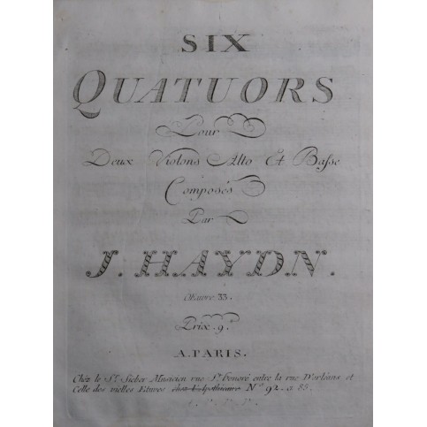 HAYDN Joseph Six Quatuors op 33 2e Violon ca1795