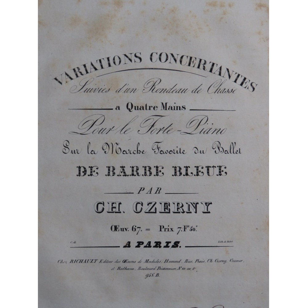 CZERNY Charles Variations Concertantes op 67 Piano 4 mains ca1825