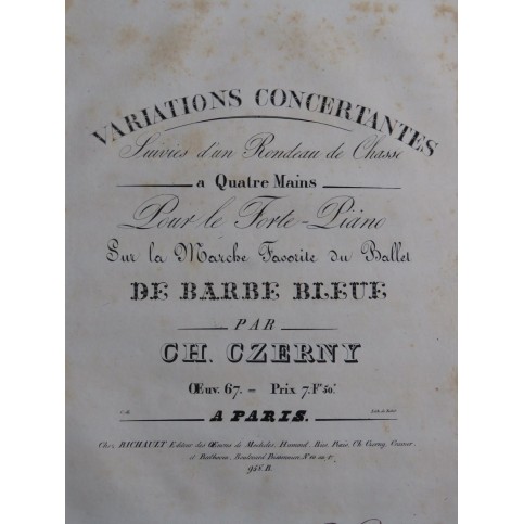 CZERNY Charles Variations Concertantes op 67 Piano 4 mains ca1825