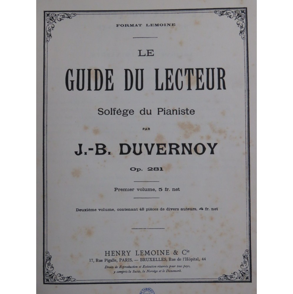 DUVERNOY J. B. Le Guide du Lecteur Solfège du Pianiste op 281 Piano XIXe