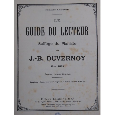 DUVERNOY J. B. Le Guide du Lecteur Solfège du Pianiste op 281 Piano XIXe