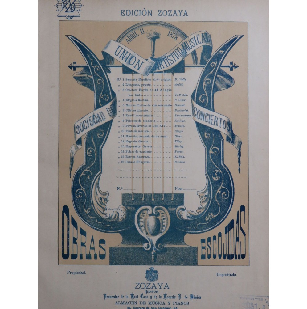 IRADIER Sébastiàn La Paloma Danza Popular Habanera Piano 1878