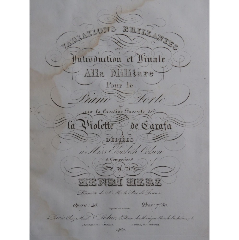 HERZ Henri Variations Brillantes sur la Violette op 48 Piano ca1840