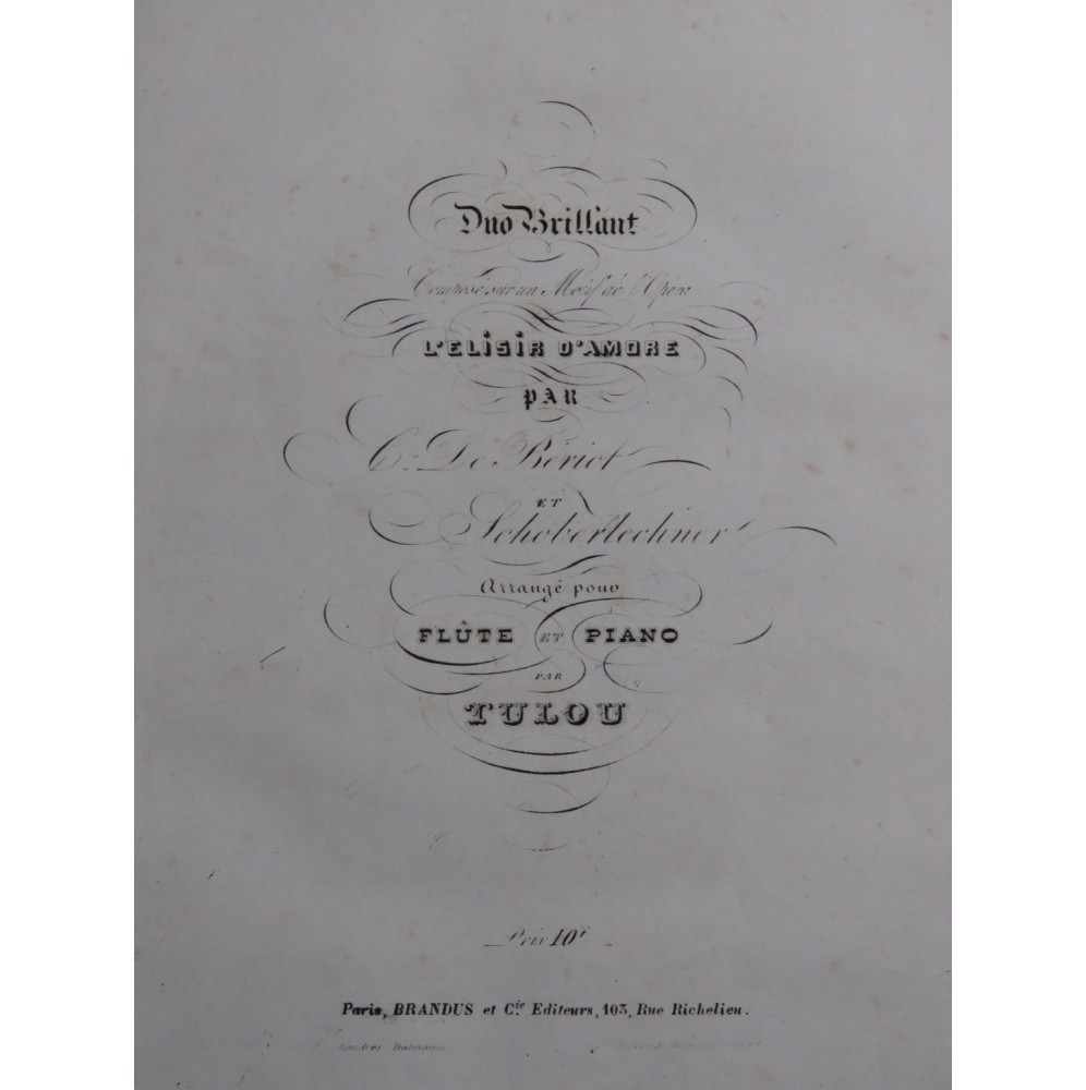TULOU Jean-Louis Duo Brillant L'Elisir d'Amore Piano Flûte ca1852