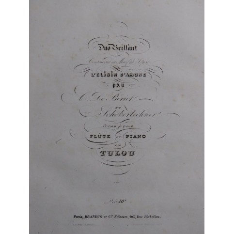 TULOU Jean-Louis Duo Brillant L'Elisir d'Amore Piano Flûte ca1852