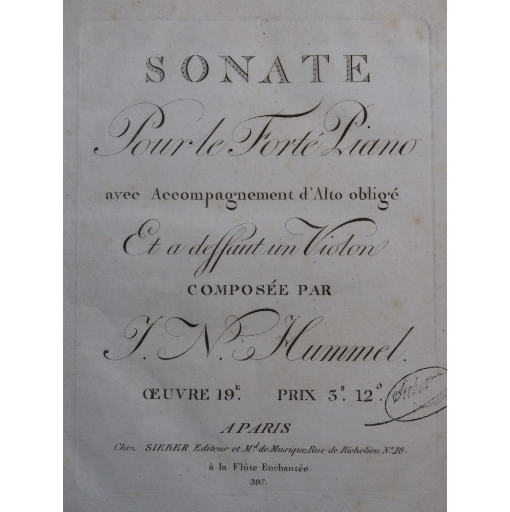 HUMMEL J. N. Sonate op 19 Piano ca1785