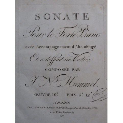 HUMMEL J. N. Sonate op 19 Piano ca1785