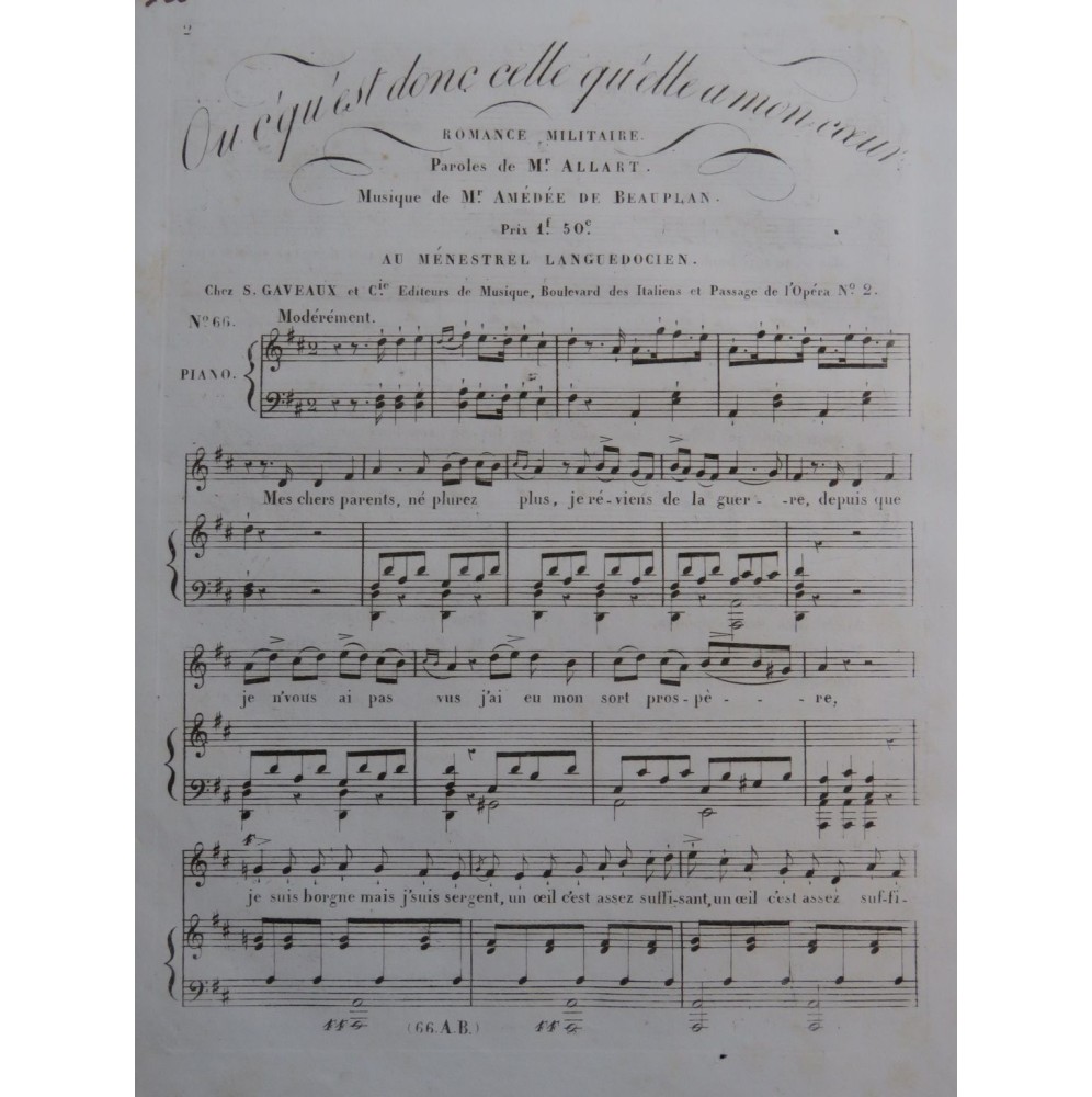 DE BEAUPLAN Amédée Ou c'qu'est donc celle qu'elle a mon cœur Chant Piano ca1830