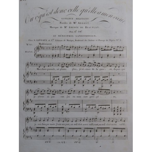 DE BEAUPLAN Amédée Où c'qu'est donc celle qu'elle a mon cœur Chant Piano ca1830