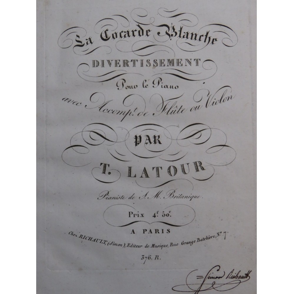 LATOUR Théodore La Cocarde Blanche Piano Flûte ca1820