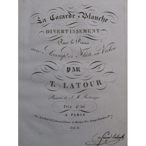 LATOUR Théodore La Cocarde Blanche Piano Flûte ca1820