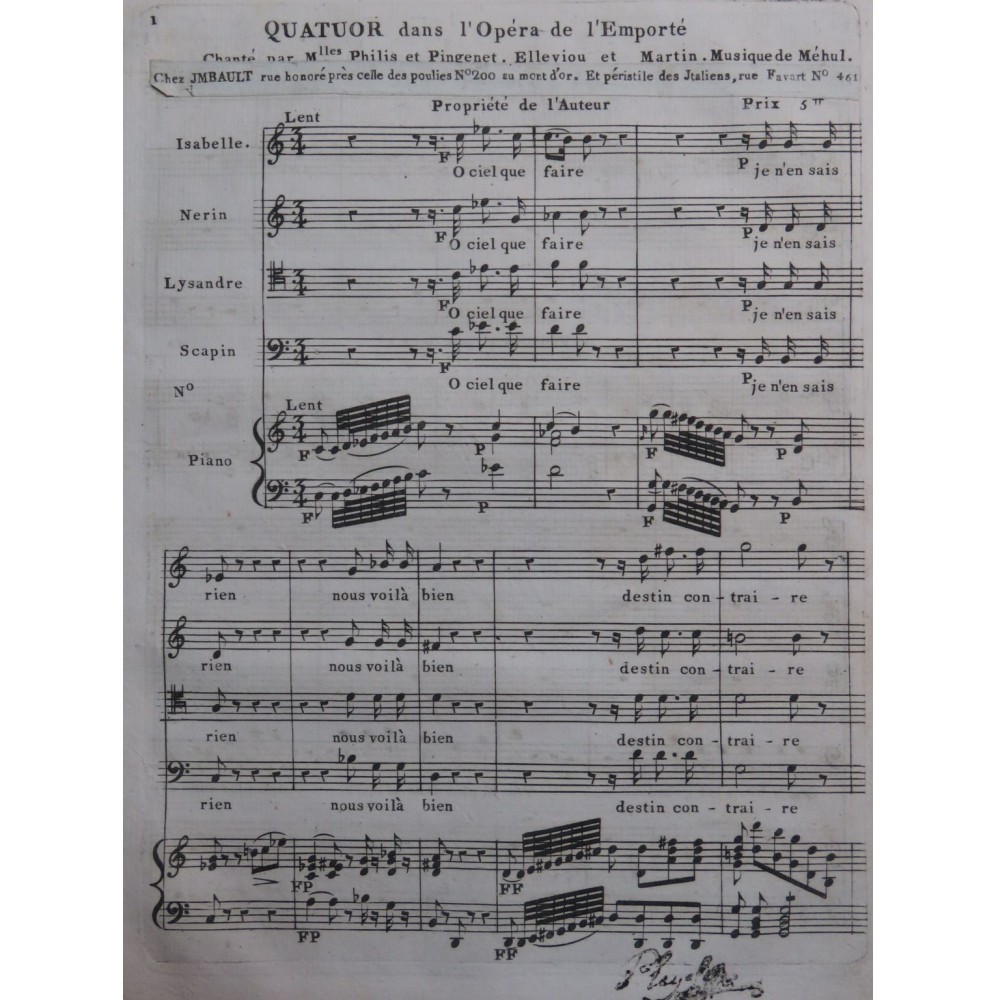 MÉHUL L'Irato ou l'Emporté Quatuor Chant Piano ca1810