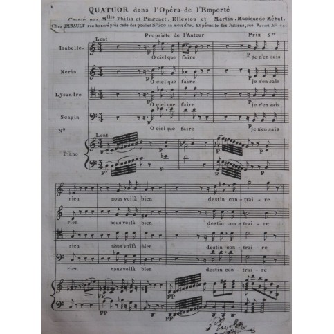 MÉHUL L'Irato ou l'Emporté Quatuor Chant Piano ca1810
