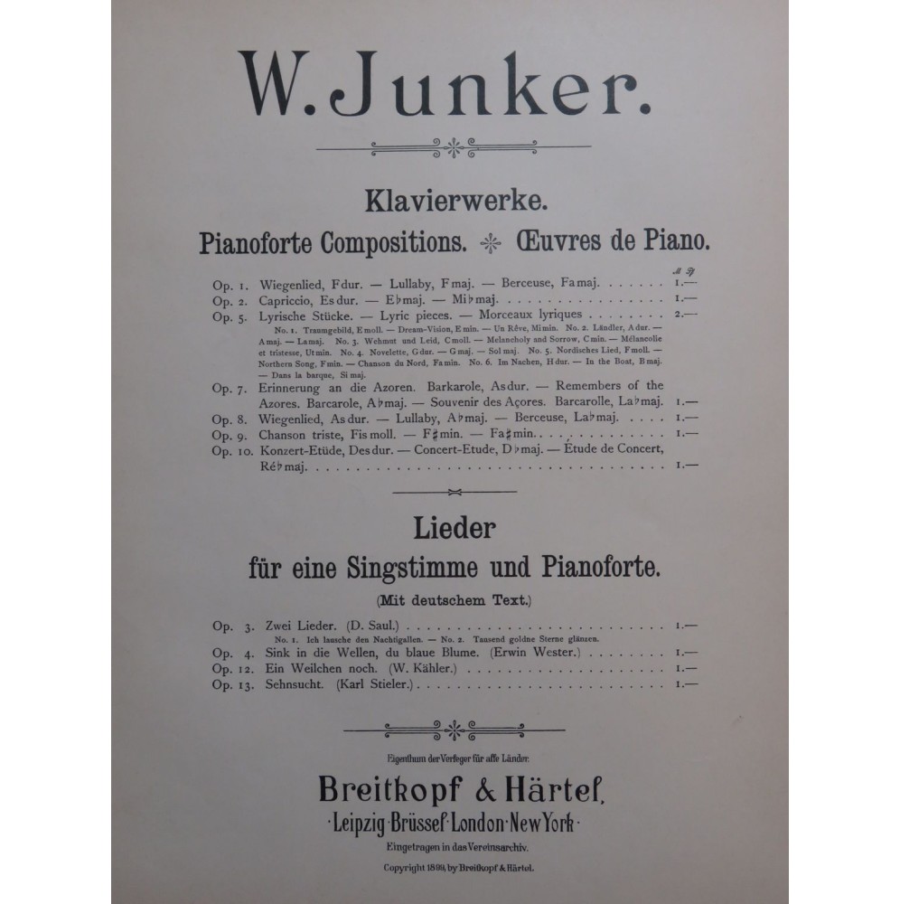 JUNKER W. Capriccio op 2 Piano 1899