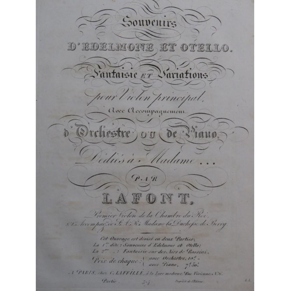 LAFONT Charles Philippe Souvenirs d'Edelmone et Otello Piano Violon ca1825