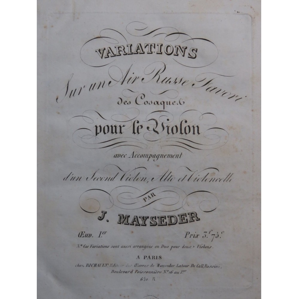 MAYSEDER Joseph Variations Air Russe op 1 Violons Alto Violoncelle ca1820