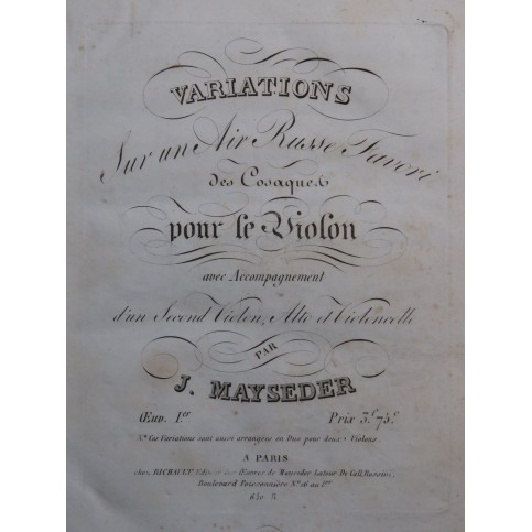 MAYSEDER Joseph Variations Air Russe op 1 Violons Alto Violoncelle ca1820