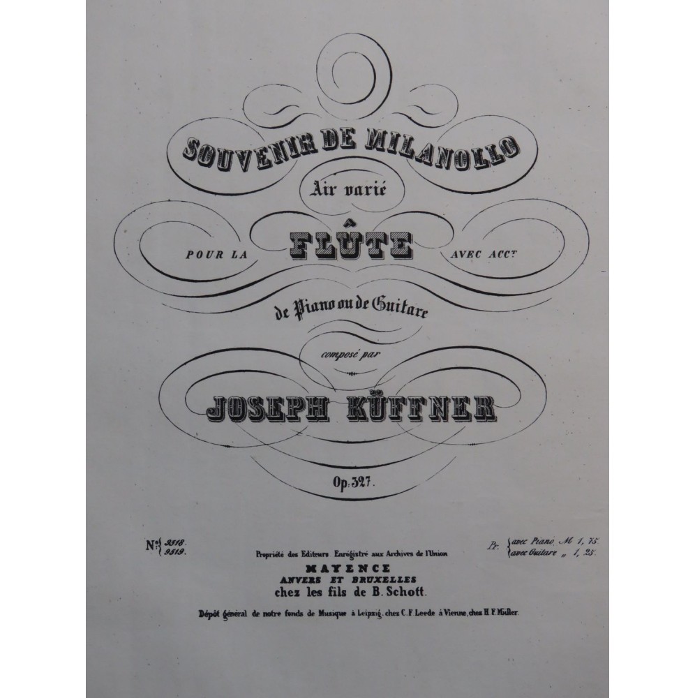 KÜFFNER Joseph Souvenir de Milanollo op 327 Piano Flûte ca1848