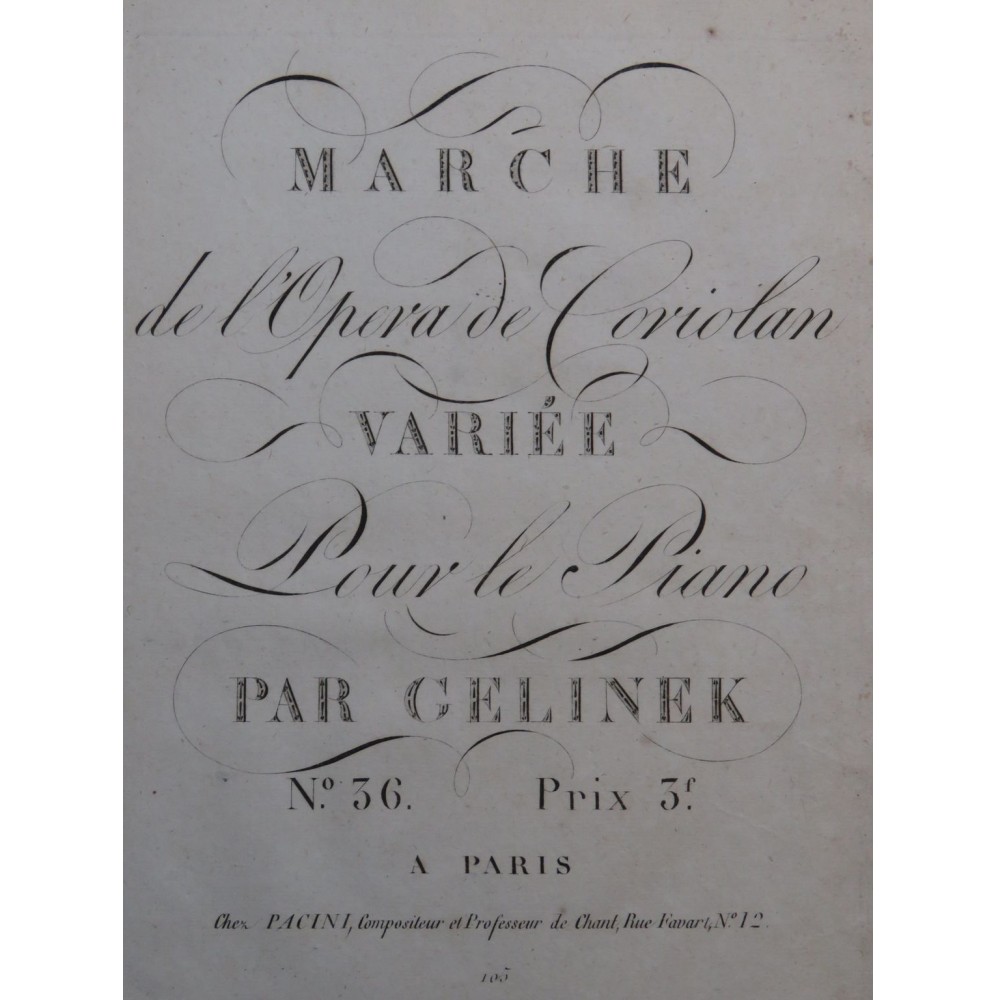 GELINEK Joseph Marche de l'Opéra de Coriolan Piano ca1820