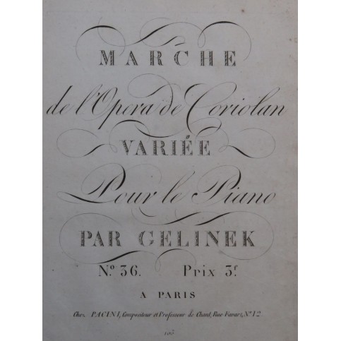 GELINEK Joseph Marche de l'Opéra de Coriolan Piano ca1820