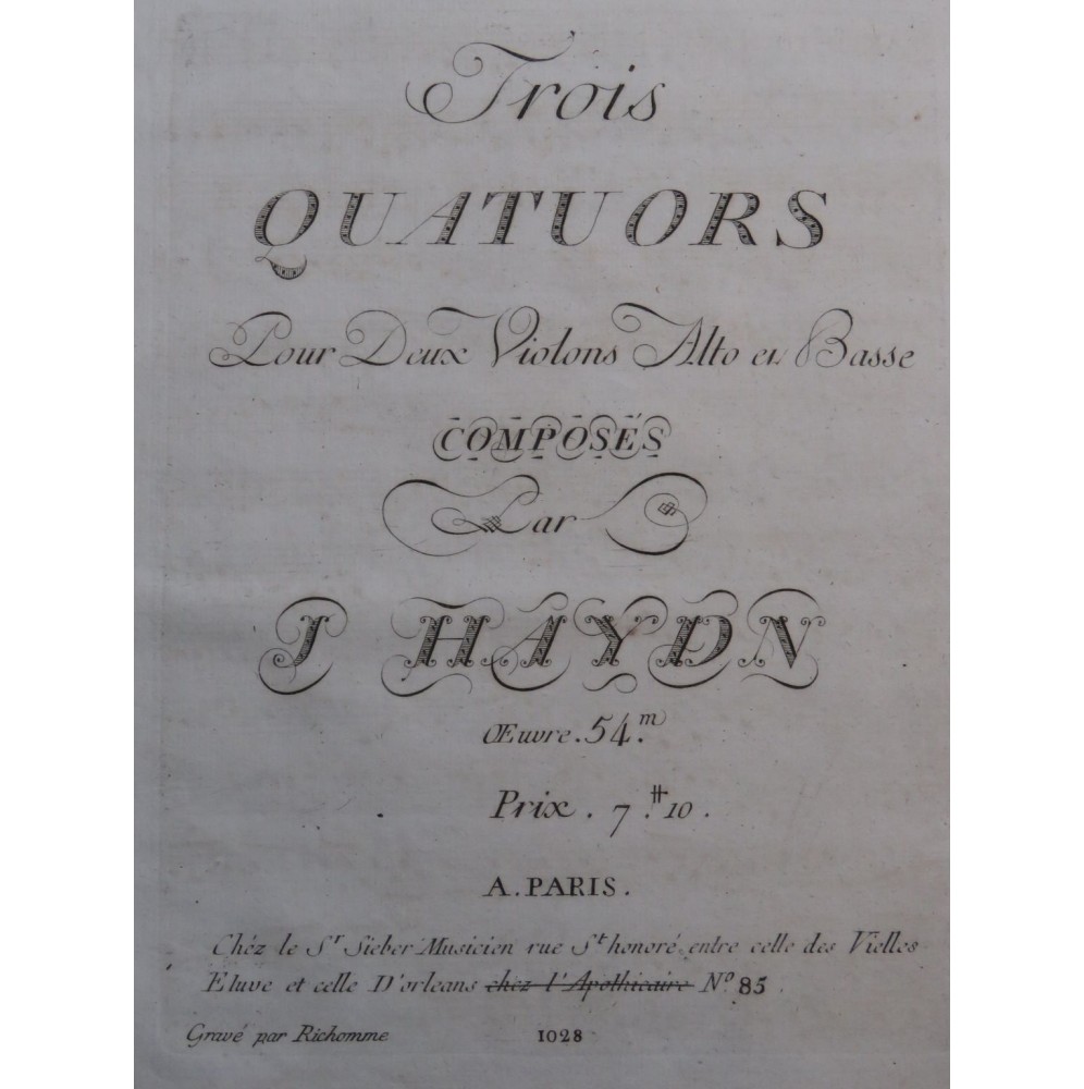 HAYDN Joseph Trois Quatuors op 54 2e Violon 1789