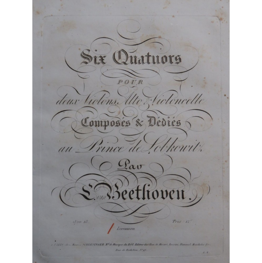 BEETHOVEN Quatuors op 18 1ère Livraison Violon Alto Violoncelle ca1825