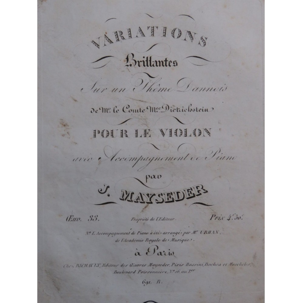 MAYSEDER Joseph Variations Thême Danois op 33 Violon ca1820