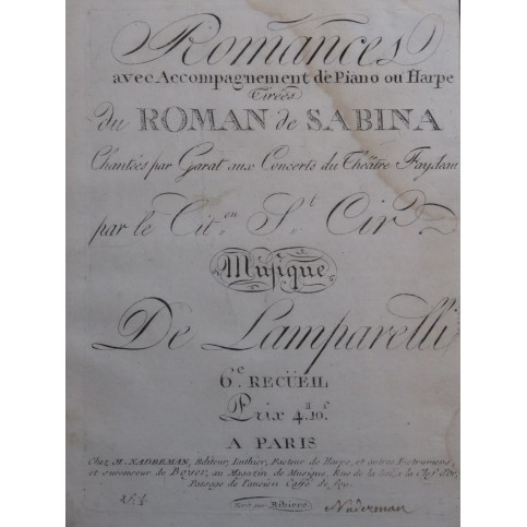 LAMPARELLI Innocent Romances Chant Piano ou Harpe ca1798