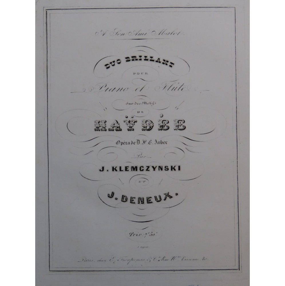 KLEMCZYNSKI Julian Duo Brillant Haydée Auber Piano Flûte ca1845