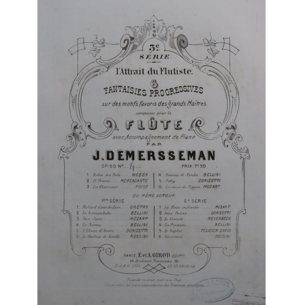 DEMERSSEMAN Jules Fantaisie sur Beatrice di Tenda Piano Flûte ca1867