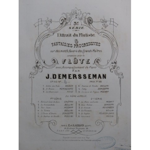 DEMERSSEMAN Jules Fantaisie sur Beatrice di Tenda Piano Flûte ca1867