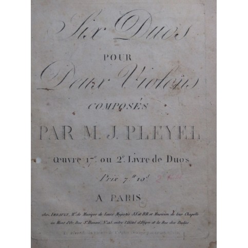 PLEYEL Ignace Six Duos op 17 deux Violons ca1790