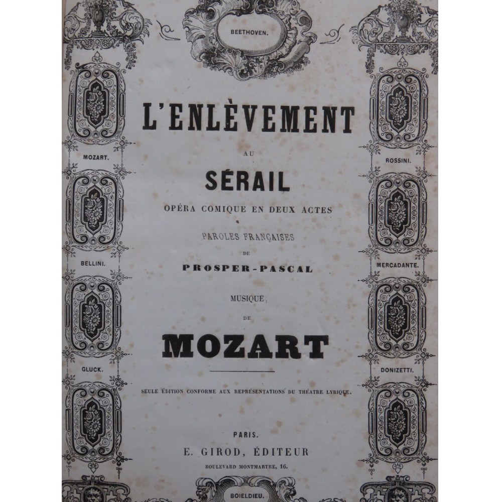 MOZART W. A. L'Enlèvement au Serail Opéra Chant Piano 1859