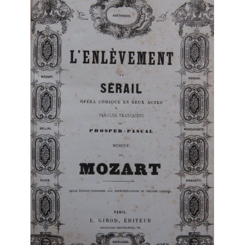 MOZART W. A. L'Enlèvement au Serail Opéra Chant Piano 1859