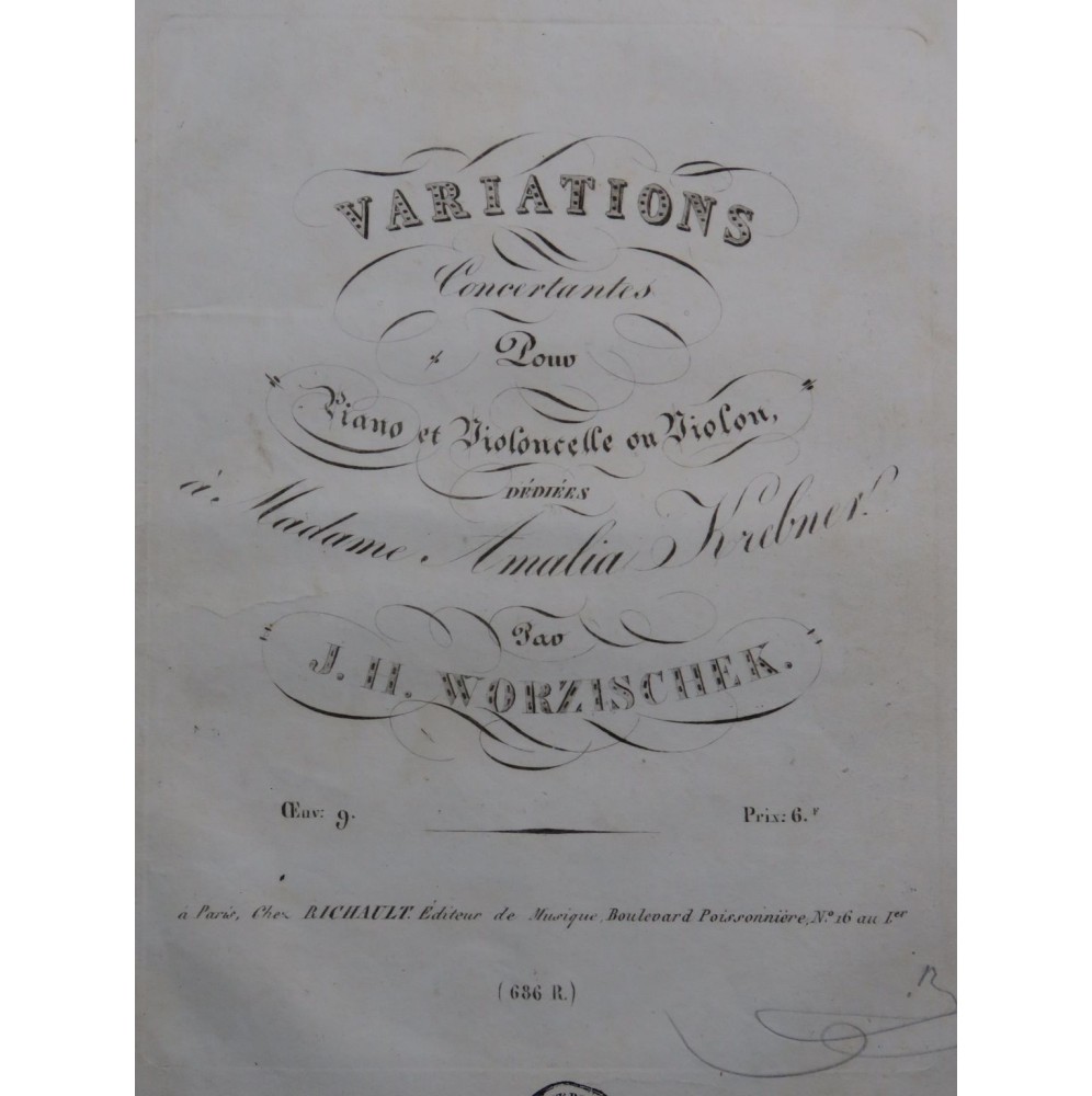 WORZISCHEK Jan Vaclav Variations Concertantes op 9 Piano ca1825