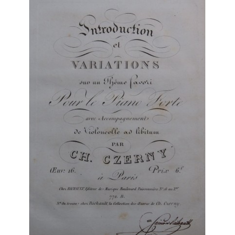 CZERNY Charles Introduction et Variations op 16 Piano ca1825