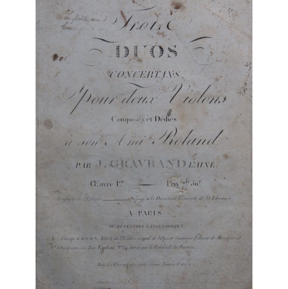 GRAVRAND Joseph Trois Duos op 1 pour 2 Violons ca1797