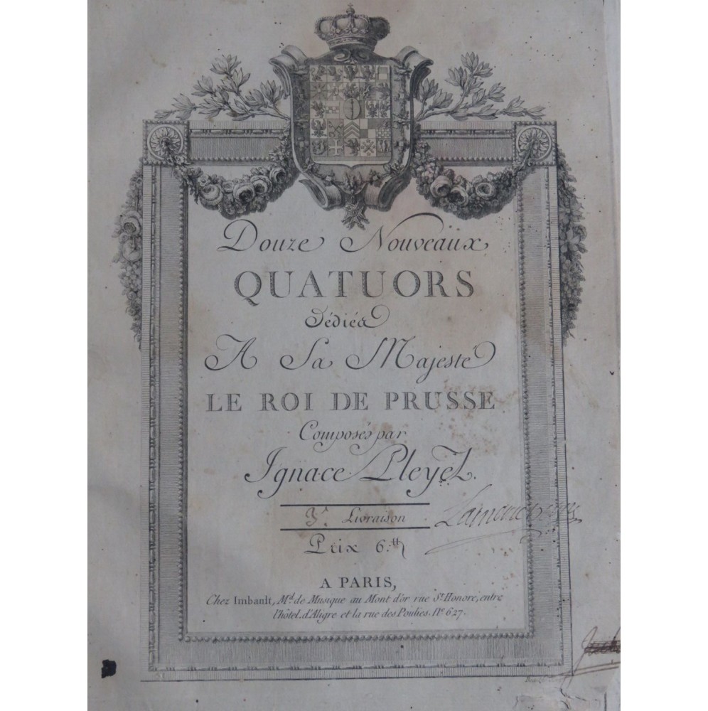 PLEYEL Ignace 12 Nouveaux Quatuors 3ème Livraison Violons Alto Violoncelle 1787