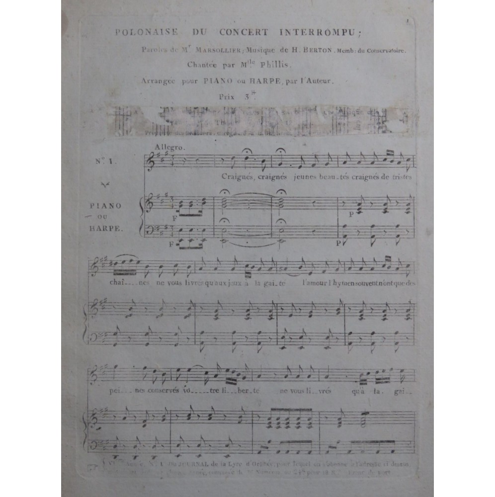 BERTON H. Polonaise du Concert Interrompu Chant Piano ou Harpe ca1820