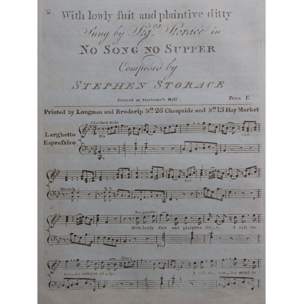 STORACE Stephen With lowly suit and plaintive ditty Chant Piano ca1830