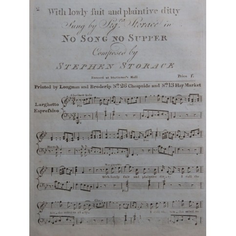 STORACE Stephen With lowly suit and plaintive ditty Chant Piano ca1830