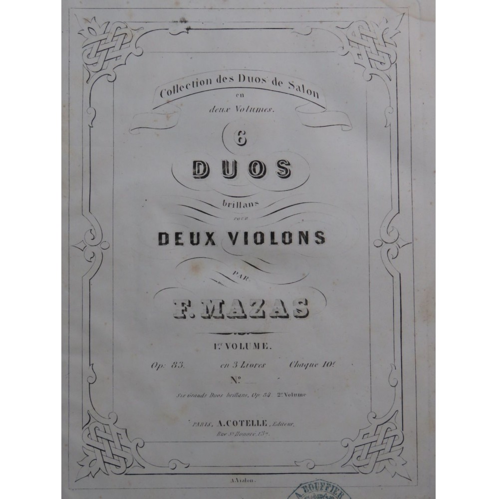 MAZAS F. Six Duos Brillants op 83 Livre 1 pour 2 Violons ca1850