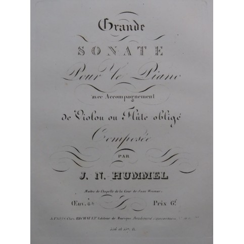HUMMEL J. N. Grande Sonate op 64 Piano ca1820