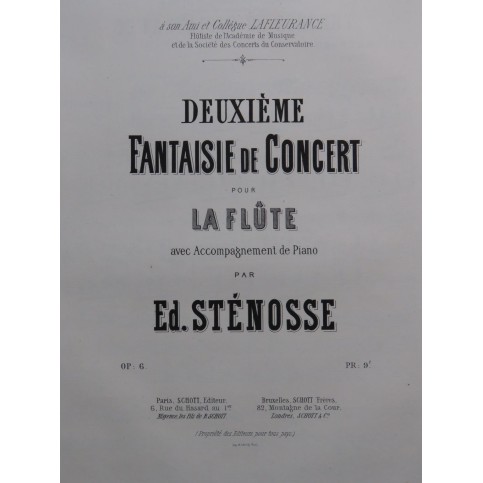 STÉNOSSE Edmond Fantaisie de Concert No 2 op 6 Piano Flûte ca1877